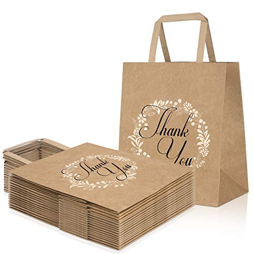 Thank You Gift Bags 50pcs, Bulk Brown Kraft Paper Bags with Handle for Retail Shopping, Goodies, Business, Wedding Favor, Size 8''x4.7''x10''