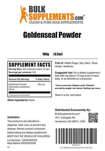 Bulksupplements.com Goldenseal Root Powder - Herbal Supplement Powder, Sourced From Golden Seal Root - 500Mg Per Serving, Gluten Free (100 Grams - 3.5 Oz) #TOP1