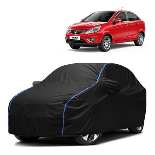 Image of Kerwa Car Body Cover Waterproof Compatible with TATA Zest | Scratch Proof, Anti-Dust, UV Protection with Windproof Buckle Strap and Mirror Pockets, Bottom Elastic Fitted-Black