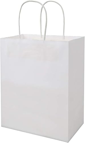 bagmad Paquete de 100 bolsas de papel kraft blancas medianas resistentes con asas a granel, bolsas de regalo gruesas de 8 x 4.75 x 10 pulgadas, para