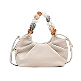 Women Top Handle with Colorful Beads Handbag Classic Soft Vegan Leather with Detachable Shoulder Strap Small (White)