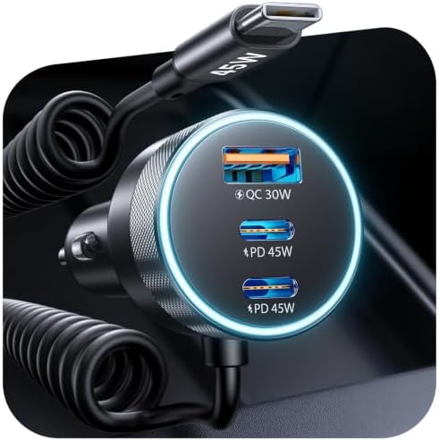 LISEN 90W USB C Auto Ladegerät Zigarettenanzünder, mit PD 45W USB C Spiralkabel, Hält den Auto Deko Innenraum ordentlich, Ideal zum Schnellladen 4 Geräten, für iPhone 17 Pro Max, M