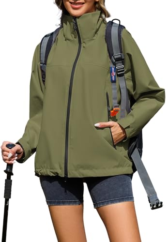 Durio Regenjacke Damen Wasserdicht Leicht Atmungsaktive Windbreaker Jacke mit Kapuze Fahrradjacke Fahrrad Sport Outdoorjacke für Frauen XL Armeegrün
