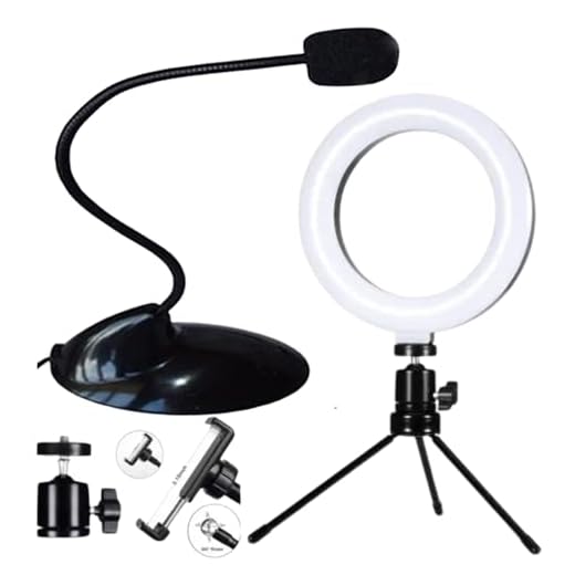 Kit Gravação Ring Light 8'' Com Suporte Celular + Microfone De Mesa Multimídia Dobrável