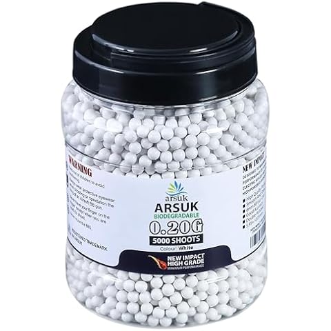 ARSUK Softair Ammunition BB Pellets 6mm Biodegradable 0.20g Perfect High-Grade Paintball for BBS Air Pistols Rifles and Airsoft Magazines, Improved Range, Content 5000 Bullets Cover
