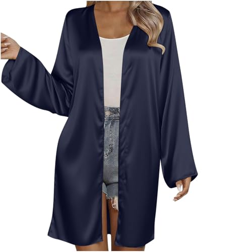 HGps8w Women\'s 2025 Fall Silk Satin Cardigans, Lightweight Casual Open Front Long Sleeve Loose Kimono Outerwear
