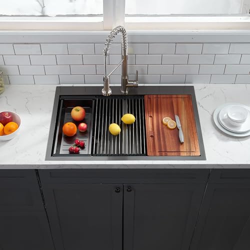 KINGO HOME 33x22 Double Bowl Kitchen Sink 33 Inch Black, Stainless Steel Drop in Double Basin Kitchen Sinks, Topmonut 50/50 Framhouse Sinks Workstation Sink with Accessories by KINGO HOME - Used condition - Image 3