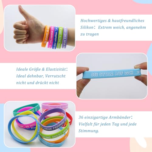 OMJMYY 36 Stück Motivationsarmbänder Kinder, Motivationsarmbänder auf Deutsch Silikon Armbänder mit Positiven Sprüchen Abschiedsgeschenk Party Mitgebsel Einschulung Geschenk Mutmacher Geschenke