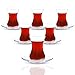 Turkish Tea Glass Set, Big Size, Slim Waist Design with Thick Base Prevent Tea From Getting Cold, Easy to Keep for 6 People, 6 Elliptical Saucers, 6 Glasses, Useful Set (12 Pieces)