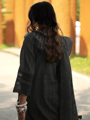 Image of INDO ERA Women's Straight Linen Floral Embroidered Kurta Pant with Dupatta Set (IEOUT9910)