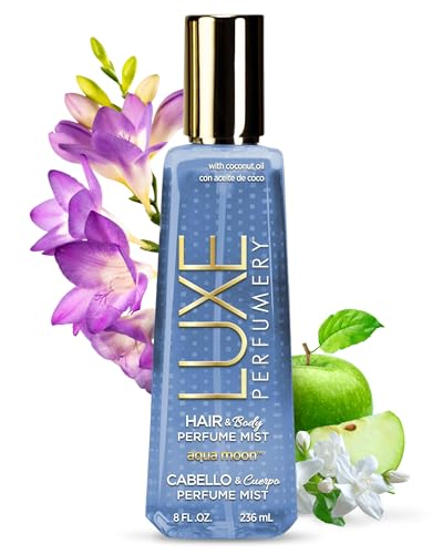 Luxe Perfumery Aqua Moon Hair & Body Perfume Mist – Fruity Floral Musk with Green Apple, Jasmine & Freesia – Hydrating Coconut Oil & Glycerin, Lightweight Daily Mist for Women, 8 Fl Oz