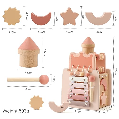 Promise Babe Montessori Spielzeug Baby Holzspielzeug,5 in 1 Rosa Schloss Lernspielzeug Motorikwürfel Sensorik Motorikspielzeug Activity Würfel Motorikschleife Geschenk Baby Mädchen Aktivitätswürfel 3+
