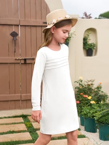 Haloumoning Girls Pleated Front Long Sleeve Dress Kids Crewneck A-Line Dresses with Pockets 5-14 Years4