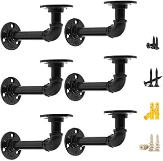 MLOQI Industrial Pipe Shelf Brackets 6 Pack - Black Iron Pipe Brackets Floating Shelf Brackets for Custom Wood Shelves Wall Mounted, All Metal Rustic Pipe Decor with Hardware Included