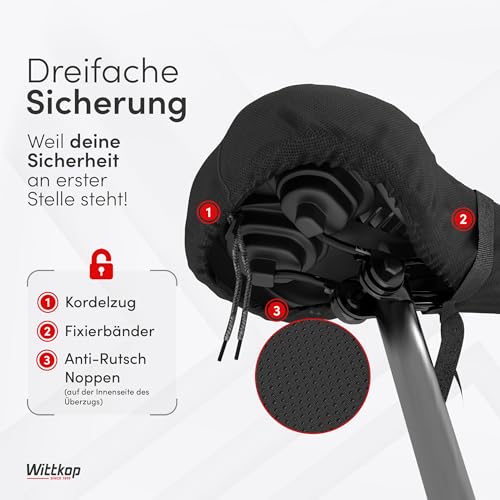 WITTKOP Fahrradsitzkissen mit Gelkissen & Memory-Schaum I Ergonomischer Fahrradsitzbezug für Damen und Herren mit 3-Zonen-Konzept I Bequemer Fahrradsattelbezug für Peloton & Fahrradsitz