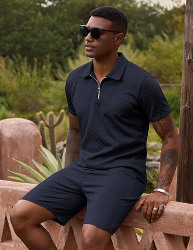 Image of URRU Mens Textured Polo Shirt and Shorts Sets Outfits 2 Piece Summer Tracksuits Casual Quarter Zip Golf Polo Shirts