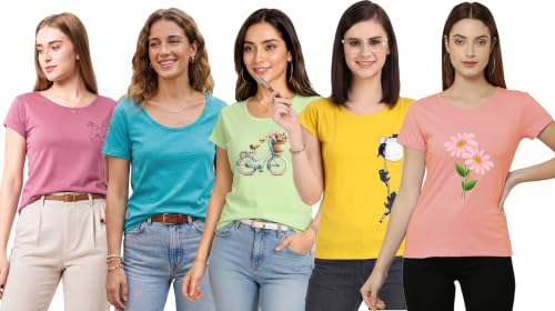 Image of MODISH Women's Super Combed Cotton Rich Relaxed Fit Solid T-Shirt. Curved Hem Styled Half Sleeve Printed Tops