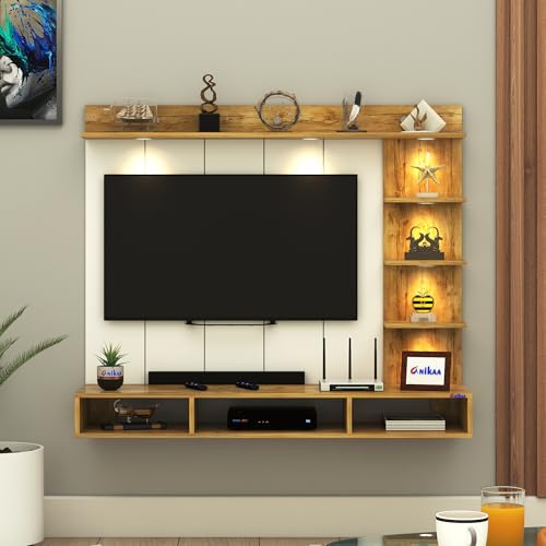 Image of Anikaa Tyron Engineered Wood Wall-Mount TV Unit with PVC Back Panel & LED Lights | TV Cabinet with Storage Box & Decorative Shelves (Gaintwood) | Ideal for TVs up to 55 Inch | DIY Installation