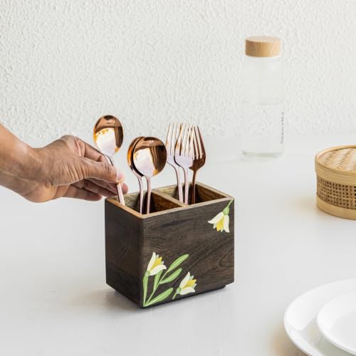 Image of Aurum Crafts Mirra Mango Wood Cutlery Stand (5 x 75 x 75 in) | Handcrafted Spoon & Fork Holder for Kitchen | Wooden Utensil Organizer for Dining Table | Multipurpose Storage Stand