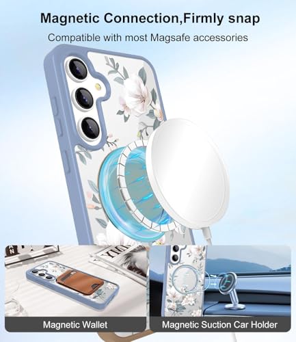 Image of VONZEE Compatible with Samsung Galaxy S25 Plus 5G Case Luxury Retro Flowers Floral for Magnetic Wireless Charging Clear Case Shockproof PC+TPU Cute Glossy Shiny Cover for Girls Women,Official Blue