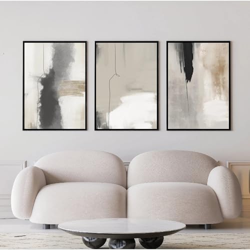 CWBLYZ Set of 3 Beige Black Grey Canvas Paintings Abstract W