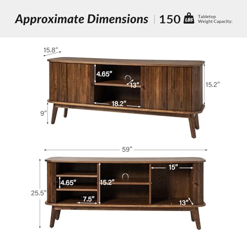 HULALA HOME Mid Century Modern TV Stand for 65" Television, Entertainment Center with Sliding Barn Doors and Solid Wood Legs, Wood Media TV Console Table for Living Room, Walnut - Thumbnail 2