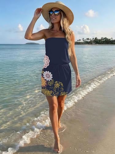 Image of Summer Dress for Women Strapless Beach Cover Ups Boho Sundress Mini Dress Drawstring Waist with Pockets