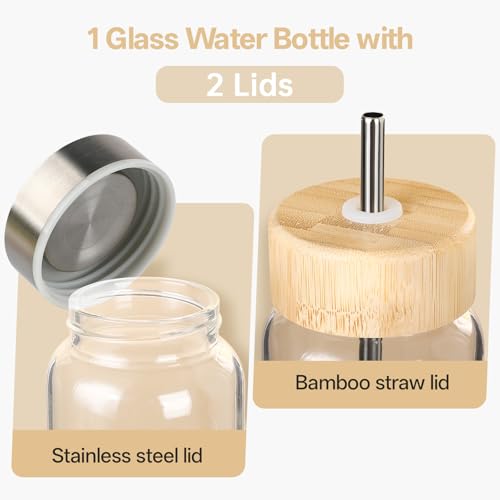 LOOFORE 32 oz Glass Water Bottle with Straw - Reusable Eco Friendly Bpa Free - Borosilicate Glass Water Bottles with 2 Lids & Neoprene Sleeve - for Gym, Sports & Workout, Daily - 1 Pack
