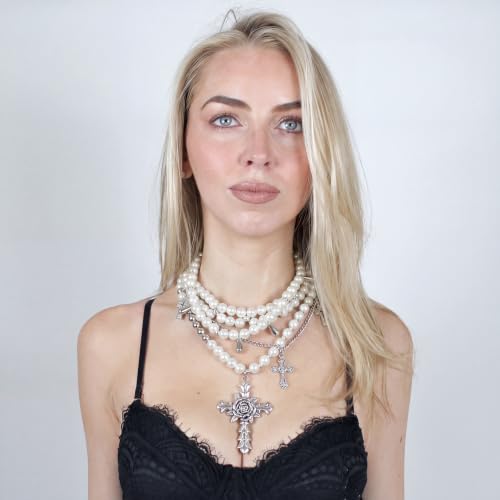 Collier de perles gothique long chapelet et croix strass - 2
