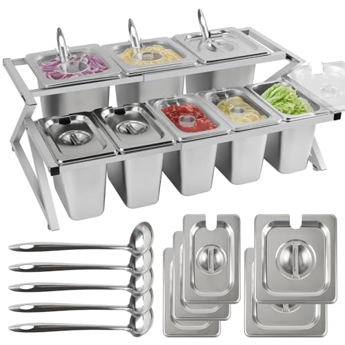 Lanstics 8 Pans Spice Rack Shelf 2 Row Stainless Steel Bar Garnish Serving | Salad Bar with Lids Spoons Countertop Inclined Holder Buffet Containers Set for Sauce Jam Fruits Ingredient Kitchen