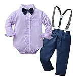 Newborn Infant Baby Boys Gentleman Suspenders Dark Blue Pants Purple Romper Shirt Bowtie Outfit Set