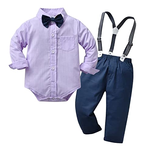 Newborn Infant Baby Boys Gentleman Suspenders Dark Blue Pants Purple Romper Shirt Bowtie Outfit Set For Spring Or Fall 6-12M #TOP12