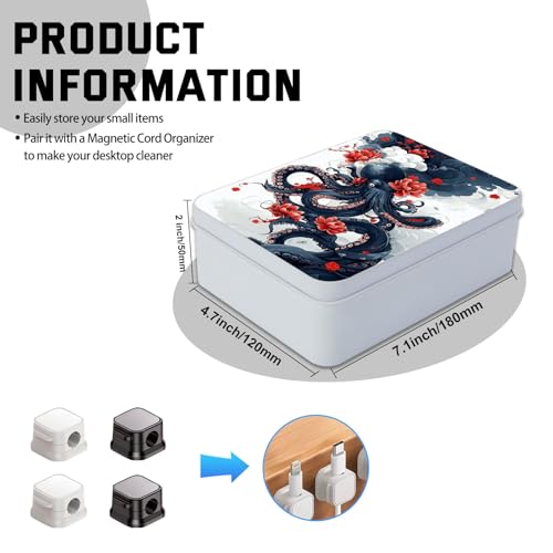 Image of Metal Tin Box with Lid,Multi-functional Storage Large Box Can Store Tea Biscuits Game Cards, Playing & Tarot Cards-Comes with 4 Magnetic Cord Clips,Octopus and Red Flower
