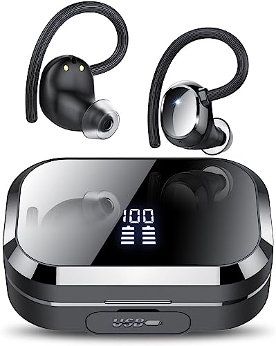 KT1 Wireless Earbuds, Bluetooth 5.3 Headphones, 2025 Wireless Earphones HiFi Stereo Sound with ENC Mic, Sport Headsets in Ear EarHooks for Running, 120H Dual LED Display, IP7, Black