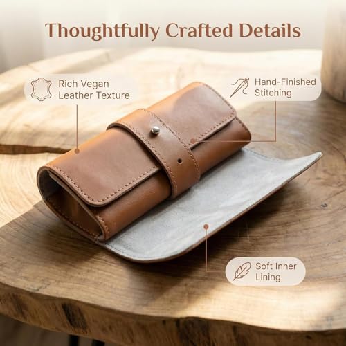 Image of Folk Creations Watch Roll for 4 Watches | Vegan Leather Travel Case for Men | Velvet Cushion Organizer | Gift for Collectors | Scratch-Proof Watch Storage Box, Tan