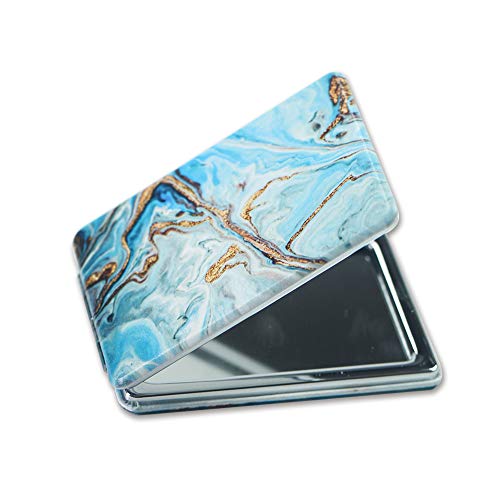 QIELIZI PU Double Sided Mirror,Compact Mirror,Pocket-size Travel Makeup Mirror 1X and 2X Magnification Portable Folding Cosmetic Mirrors(Blue Marble)