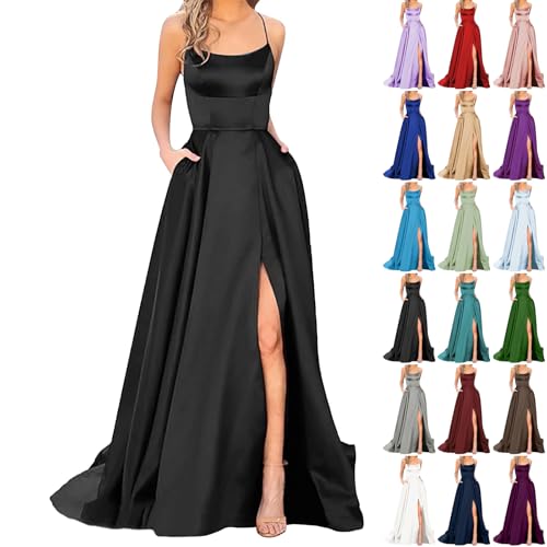 Robe de soirée longue pour femme - Élégante robe de bal de fin d'année, grande taille, en satin - Fente haute - Robe de cocktail formelle, #A001 Noir, XL