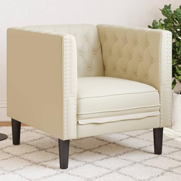 Fotel Chesterfield kremowy ze sztucznej skóry ze stabilnymi nogami i wyściełanym siedziskiem, 71 x 74,5 x 70,5 cm, idealny do salonu, pokoju gościnnego, wypoczynku i relaksu