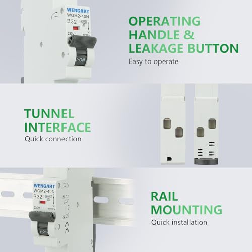 Wengart 1P+N Leitungsschutzschalter 32A B-Charakteristik, WGM2-40N Mini-Sicherungsautomat AC 230V 6kA, Platzsparender 1TE Elektro-Sicherheitsschalter für Backofen & Hausinstallation