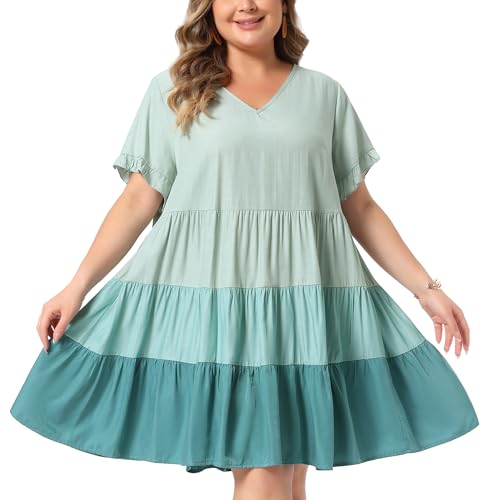 Image of Agnes Orinda Women's Plus Size Babydoll Ruffle Short Sleeve Casual Loose Flowy Swing Hem Chambray V Neck Mini Dress