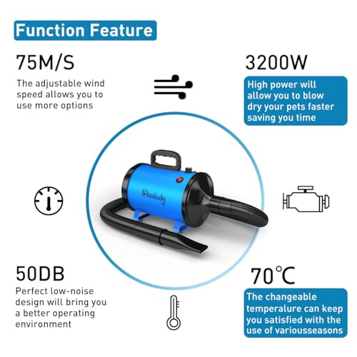 Hundefön Blower Sehr Leise 4.5 PS / 3200W Motor Einstellbare Geschwindigkeit, Hundepflege-Trockner-Gebläse mit 4 verschiedenen Düsen elastischem Schlauch und Pflegebürste… – Bild 3