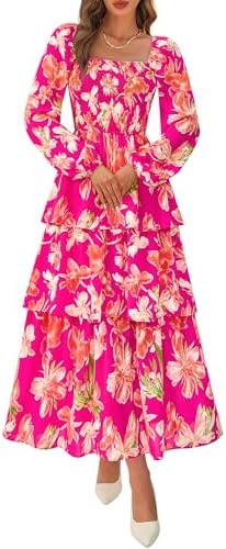 BTFBM Fall Dresses for Women 2025 Floral Long Sleeve Smocked Square Neck Casual Ruffle Tiered Flowy Wedding Guest Dress