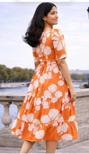 Image of Women's Rayon Floral Printed Midi Dress | Casual Fit & Flare One Piece Dress for Women | Stylish Short Sleeve Western Dress