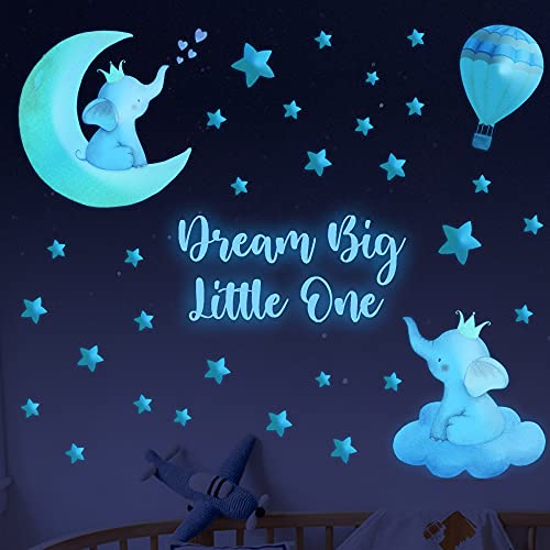Elephant Wall Stickers Glow In The Dark Elephant Decal Baby Dream Big Little One Boy Nursery Room Wall Decor Quote Wall Stickers Large Watercolor Animal Decal For Kids Girl Bedroom Playroom Wall Decor #TOP14
