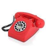 Retro Design Corded Landline Phone - Classic Vintage Old Fashioned Rotary Dial Style Desk Table Home Office Coiled Cord Handset w/ Button Dialing, Standard Telephone Jack - Pyle PPRETRO25RD (Red)