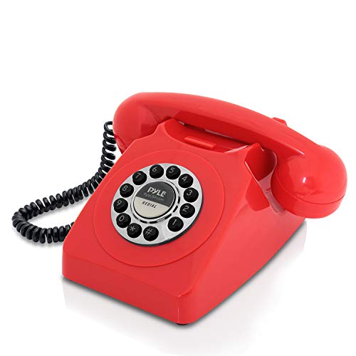 Retro Design Corded Landline Phone - Classic Vintage Old Fashioned Rotary Dial Style Desk Table Home Office Coiled Cord Handset w/ Button Dialing, Standard Telephone Jack - Pyle PPRETRO25RD (Red)
