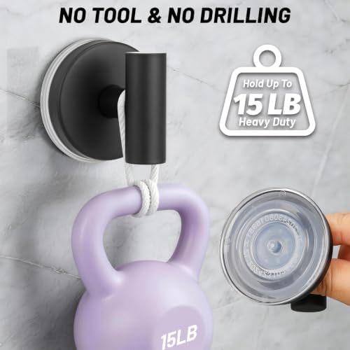 warlve Large 15lb Suction Cup Hooks for Shower, No-Drill Bathroom Towel Hooks for Robes, Loofah, Removable Mountable on Glass, Tile, Mirrors, Smooth Non-Porous Surfaces (2, Matte Black) - 1