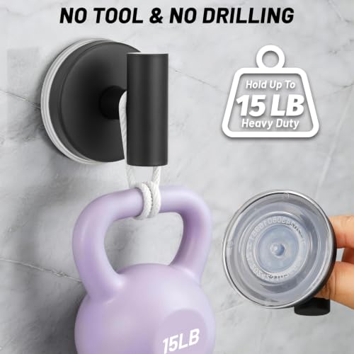 warlve Large 15lb Suction Cup Hooks for Shower, No-Drill Bathroom Towel Hooks for Robes, Loofah, Removable Mountable on Glass, Tile, Mirrors, Smooth Non-Porous Surfaces (2, Matte Black)