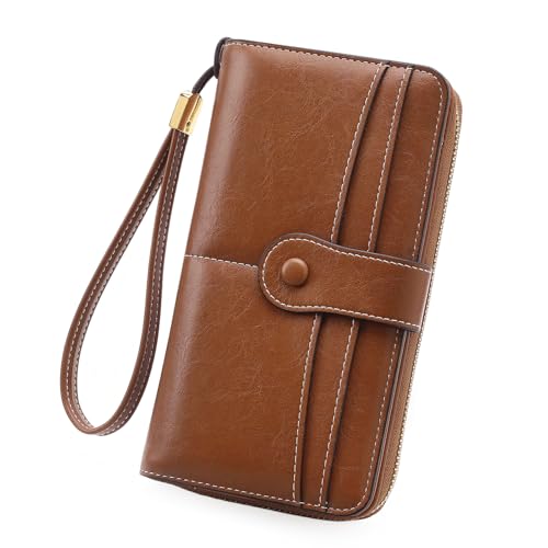Image of Wristlet Women's Wallet Phone Purse RFID Blocking Large Capacity Card Holder Leather Brown