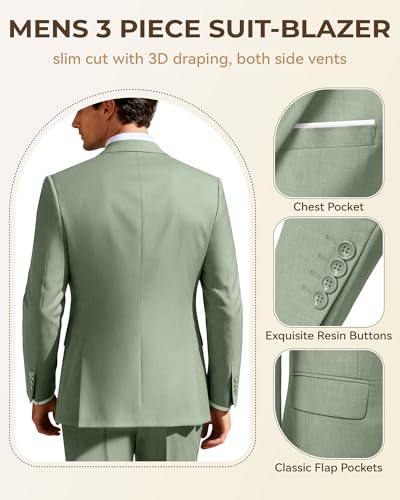 Image of Men's 3 Piece Slim Fit Suit Set, Two Button Blazer Solid Jacket Vest Pants Wedding Business Suit